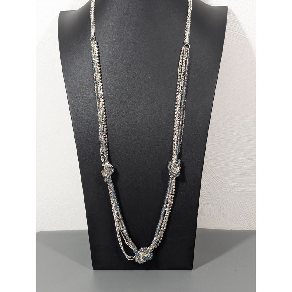 Evening Chic Silver Tone Multi Chain Glass Bead Rhinestone Knot Long Necklace 34